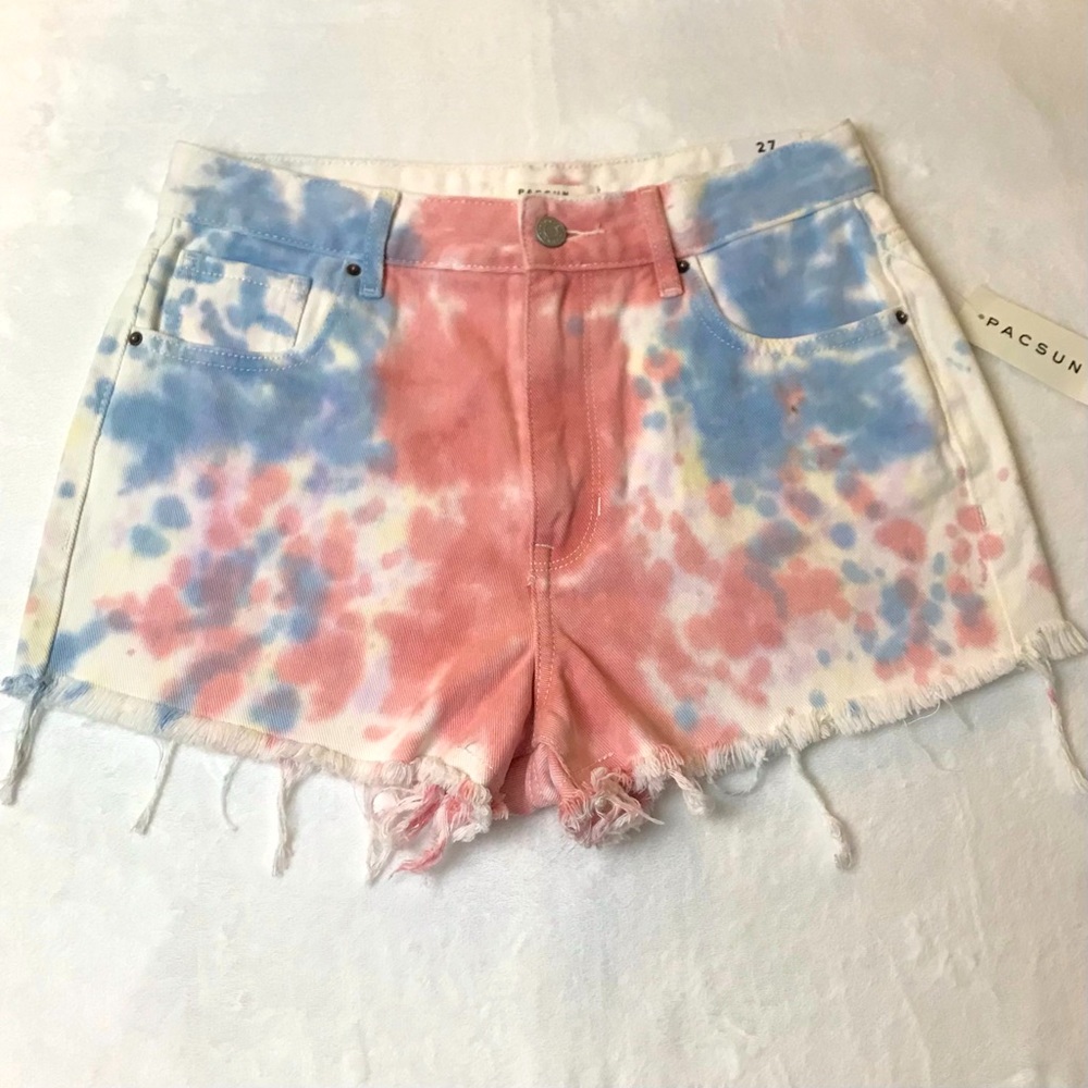 NWT Pacsun Womens Cut Off Denim Shorts Size 27 Tie Dye High Raise Festival